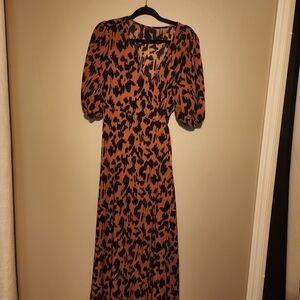 Leopard Print Puff Sleeve Maxi Dress - Brown/Black